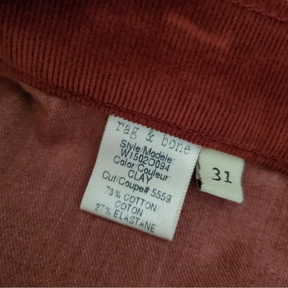 Rag & Bone Corduroy Pants Color Clay Sz 31 - Picture 4 of 10